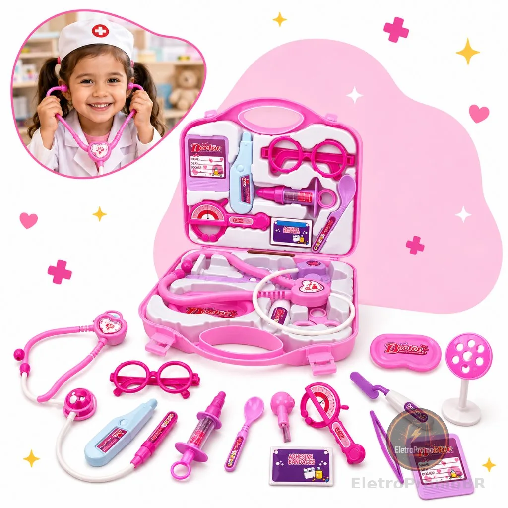Kit Médico Maleta Doutor Maletinha Brinquedo Infantil Educativo Profissão Rosa Completo Kizumba