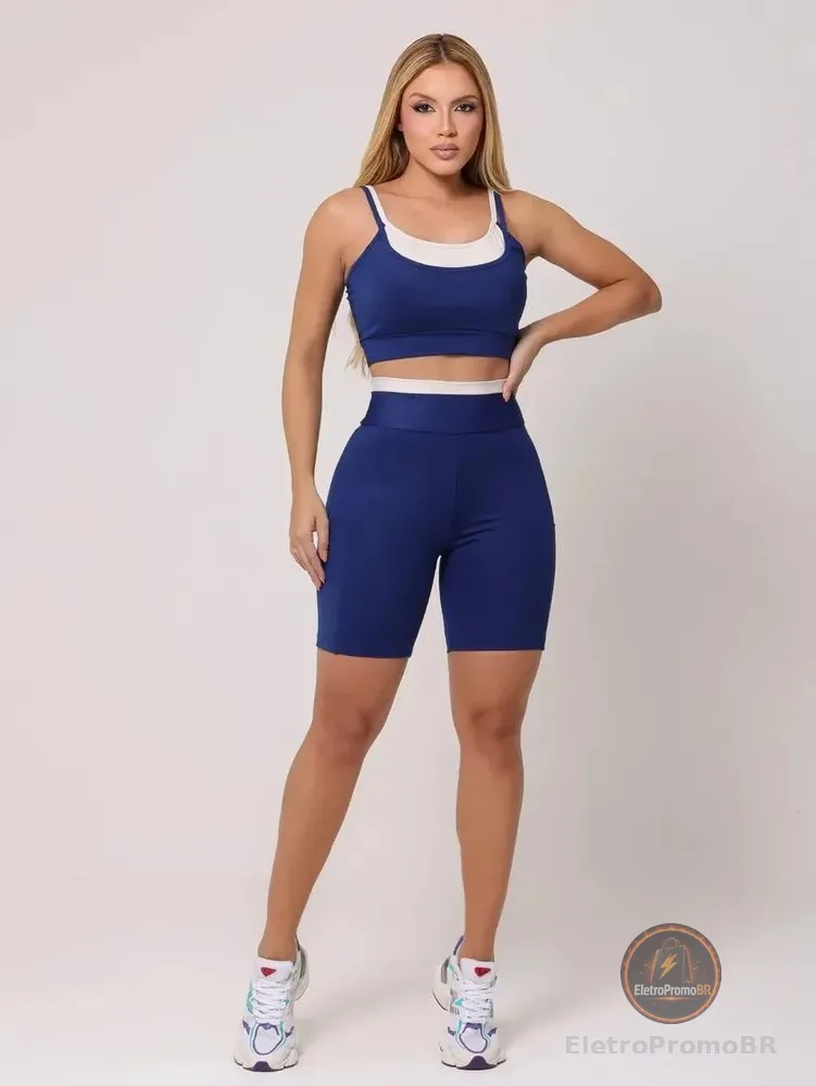 Conjunto Fitness Feminino Shorts Bolso Cintura Alta E Top Azul-marinho G