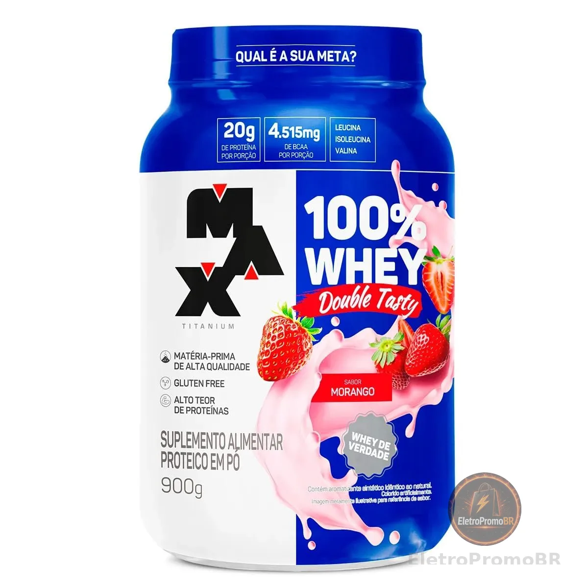 100% Whey Protein Max Titanium Double Tasty Morango 900g