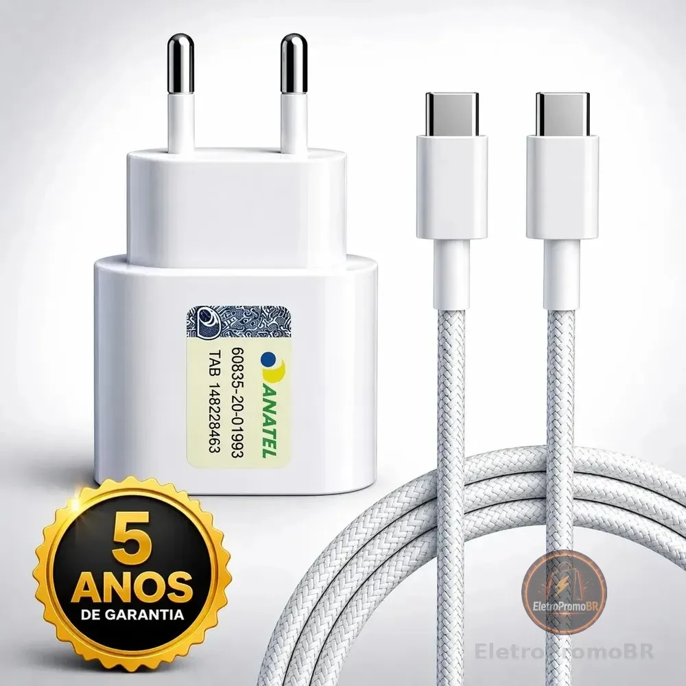 Carregador Turbo Super Rápido 30w Para iPhone 15 16 17 Pro Max - Cabo Blindado Tipo Usb C Dtimp