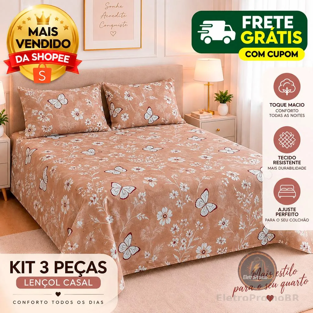 Kit 3 Pçs Lençol Casal Percal 500 Fios Linha Premium Luxo