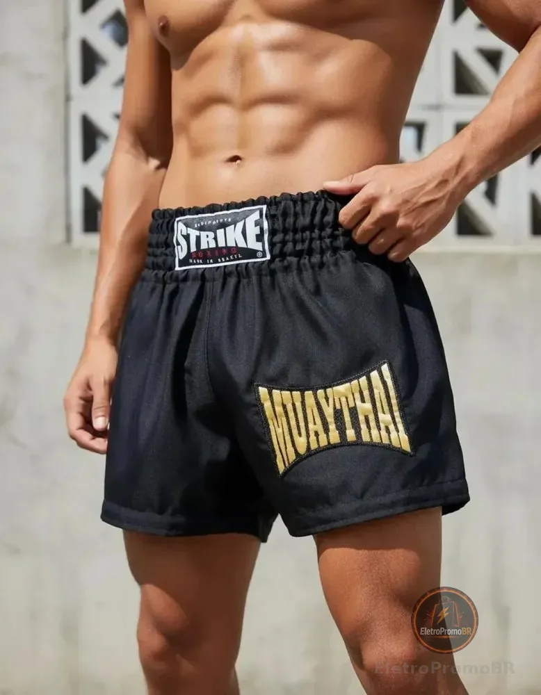 Short Muay Thai Bermuda Strike Boxing Calção Luta Bordado Preto Bordado Dourado M