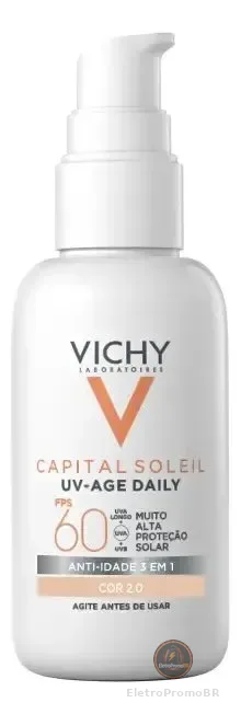 Protetor Solar Facial Anti-Idade FPS60, Ação 3 em 1, Protege, Previne Rugas e Manchas, Toque Seco, Cor 2.0, Capital Soleil UV Age Daily Vichy, 40g