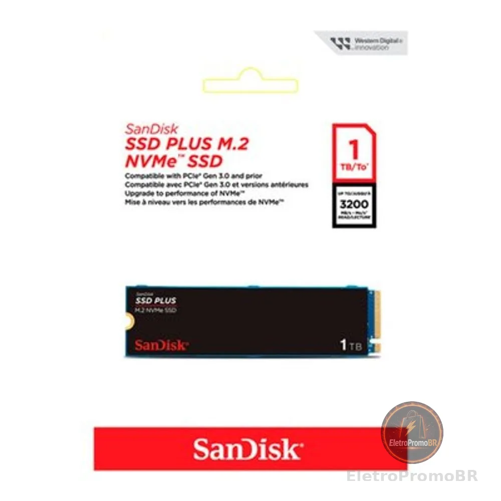 SSD SanDisk Plus, 1TB, M.2 PCle, NVMe, Leitura 3200MB/s e Gravação acima de 2500MB/s, Preto - SDSSDA3N-1T00-G26