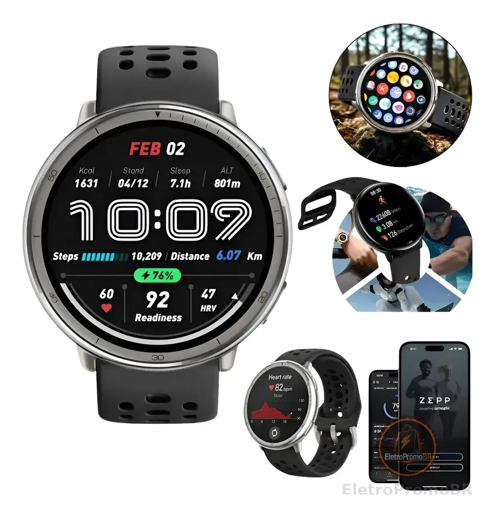 Relógio Inteligente Bluetooth Amazfit Active 2 Amoled Redond Branco Mesh Preto Prateado