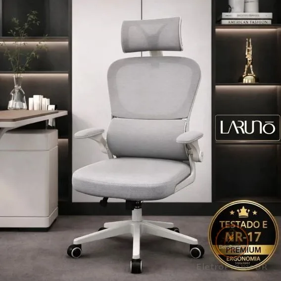Cadeira de Escritório Ergonômica cinza Giratória com Apoio Lombar e Braços Ajustáveis - LARUNO
