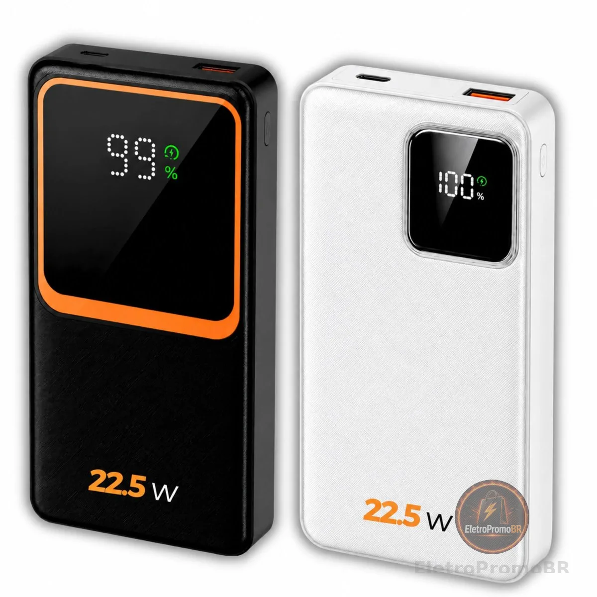 Carregador Portátil (Power Bank) 20000Mah Turbo 22.5w Carregamento Ultra Rápido PD Visor Led com 2 Saídas Compatível com Android e IOS (Preto ou Branco)