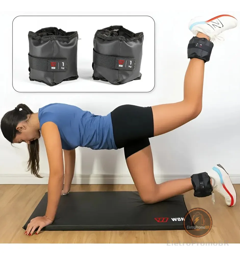 Par Caneleira Tornozeleira de Peso 1 kg WON Preto Fitness Academia Musculação Treino