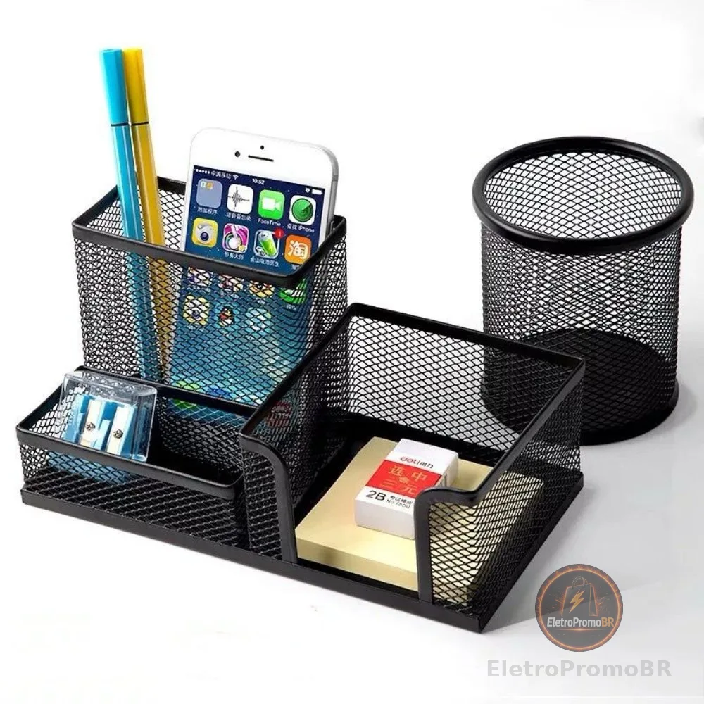 Organizador de Mesa Metal Aramado Para Escritório 3 Divisões Porta Lapís Caneta Clips
