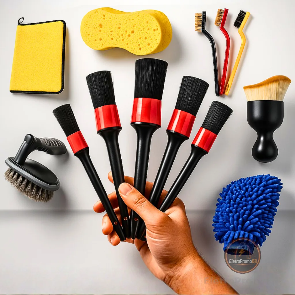 Kit Automotivo Pincel Automotivo Luva Microfibra Flanela 30x40 cm Escovinha Aço Escova Pneu Esponja Lavar Carro