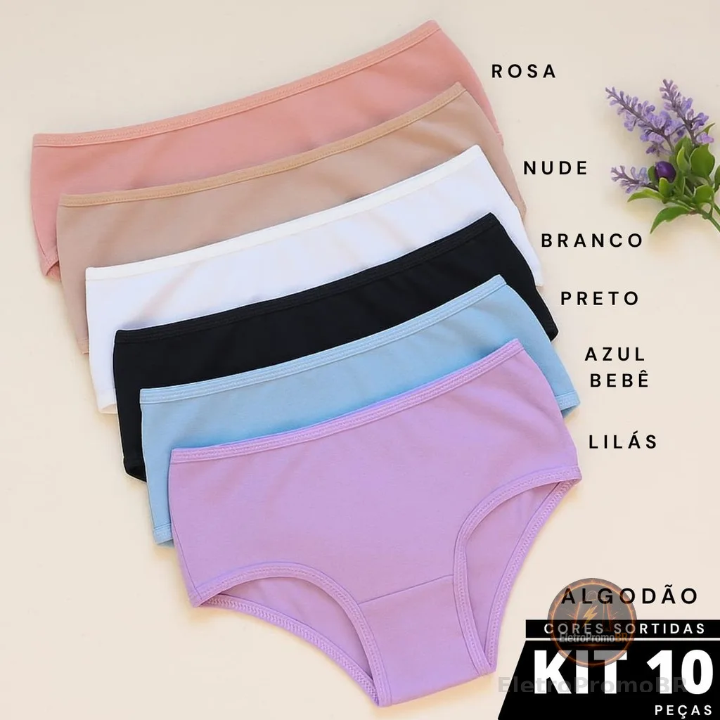 Kit 10 Calcinhas Juvenil Infantil Cotton Algodão Básica Dia a Dia Alto Conforto Qualidade Juju