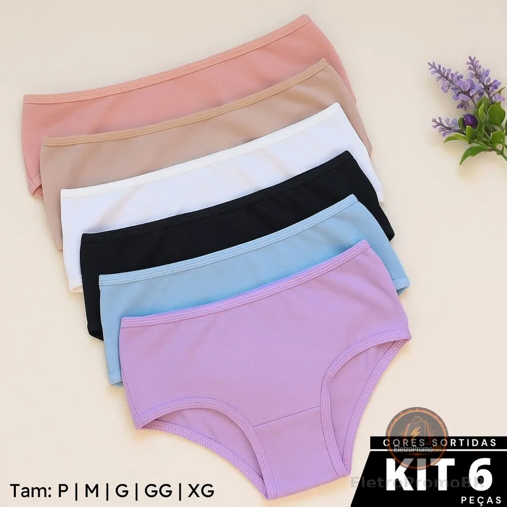 Kit 6 Calcinha Algodão Infantil Juvenil Básica Usar Uniforme Dia a Dia Menina Juju Cor Sortida Lisa