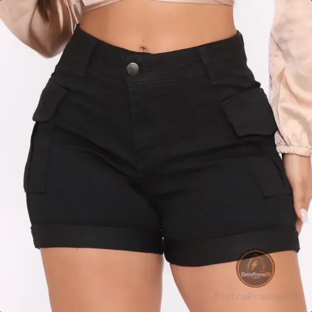 Short Jeans Feminino Shorts Cargo Com Lycra Cintura Alta