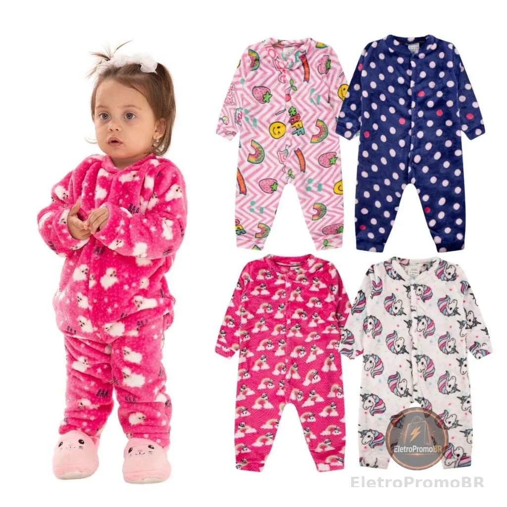 Kit 2 Macacão Bebe Menina Roupa Inverno Soft Peluciado Com Zíper Sortido