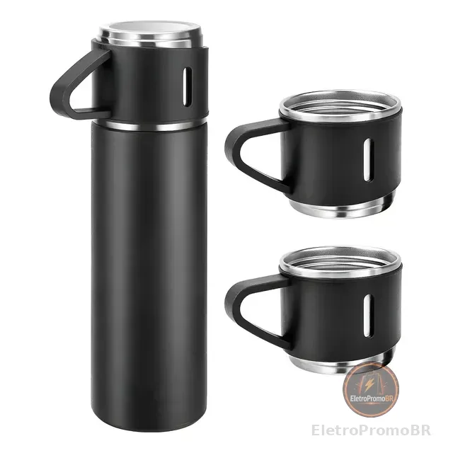 500ml Caneca Kit Garrafa Térmica Vacuum Bottle Inox + 3 Xíca
