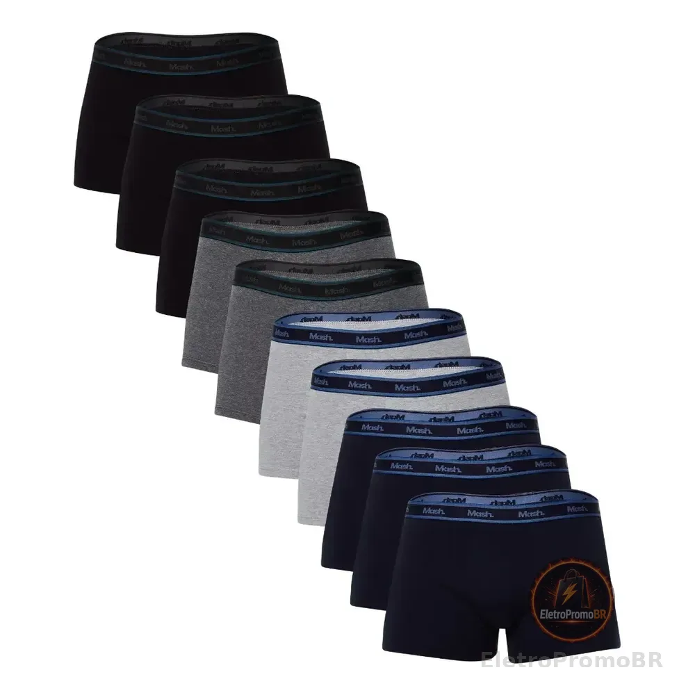 Kit Com 10 Cuecas Boxer Masculino Mash Preto/ Cinza Mescla Escuro/ Azul Marinho/ Cinza Mescla Claro Liso G