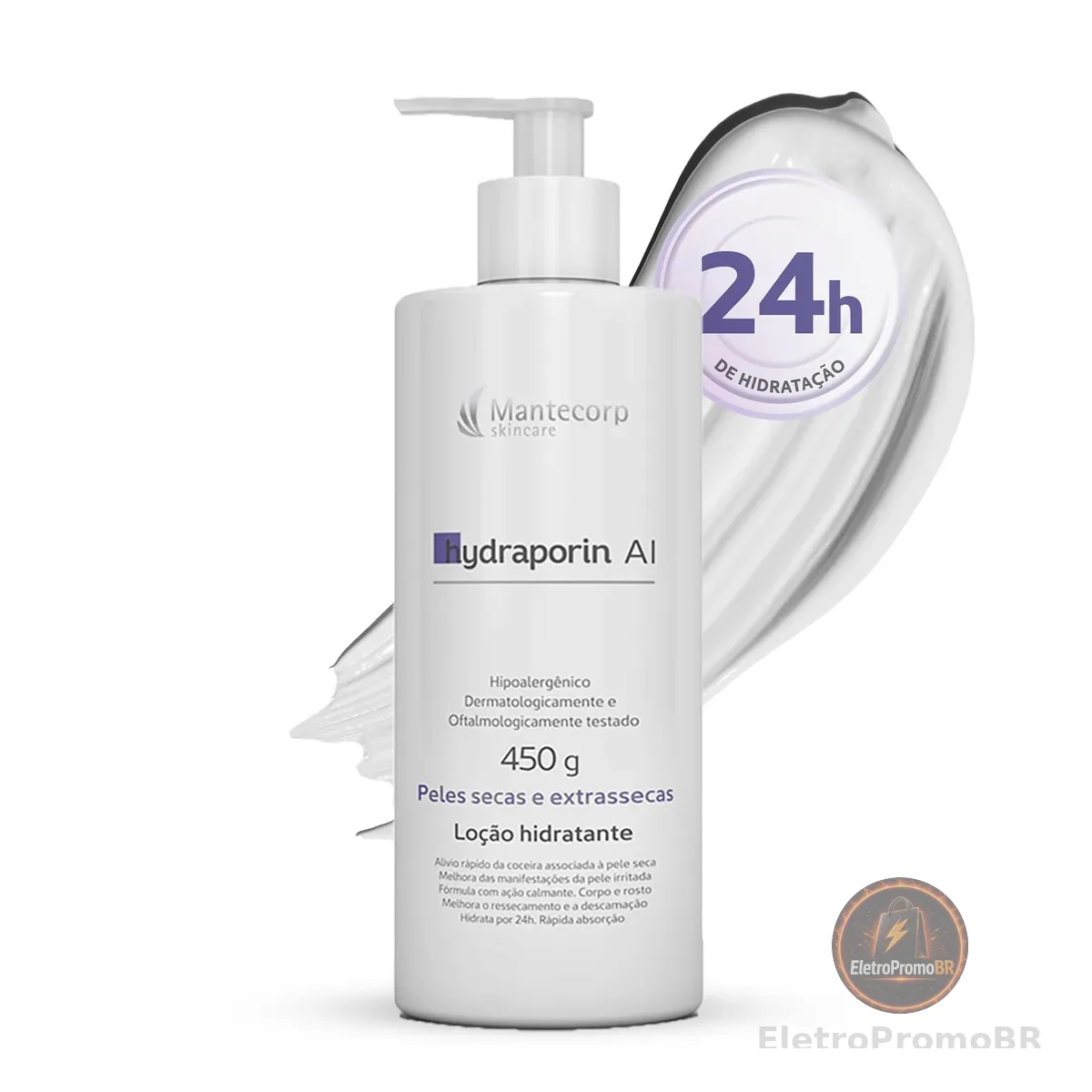 MANTECORP - Hidratante Corporal Hydraporin AI - Hidratação Intensa para Peles Secas e Sensíveis, Hidrata 24h, Ação Anti-inflamatória e Calmante - 450g
