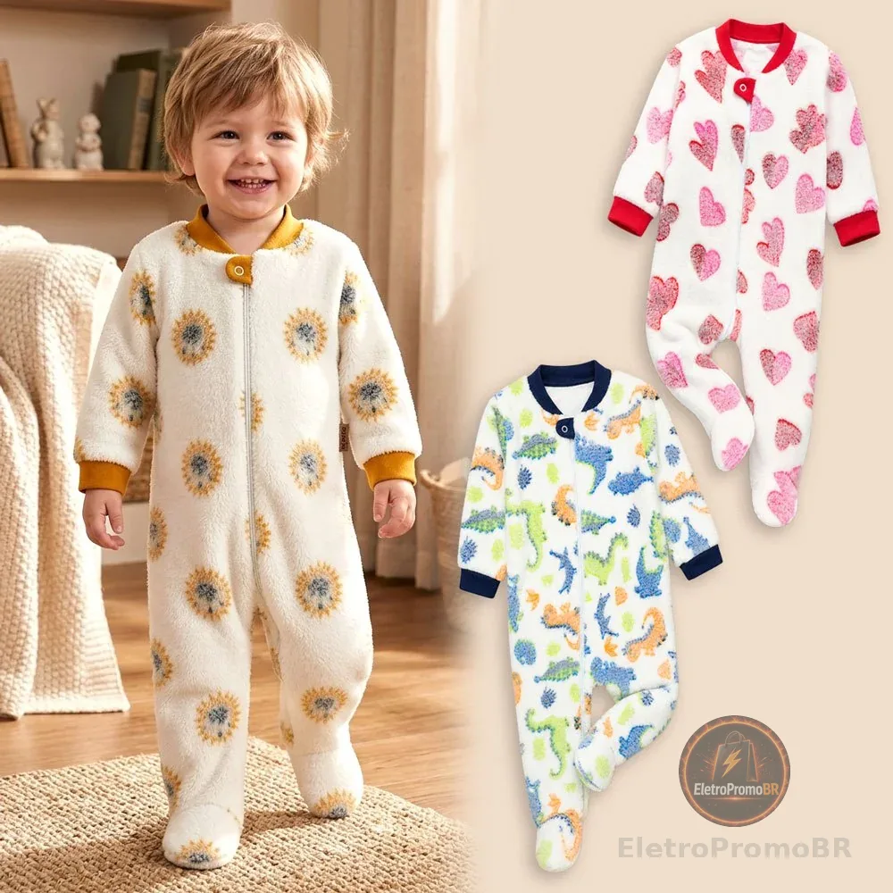 Macacão Pelúcia Fleece para Bebê Longo com Zíper e Sola Antiderrapante - Até 24 Meses