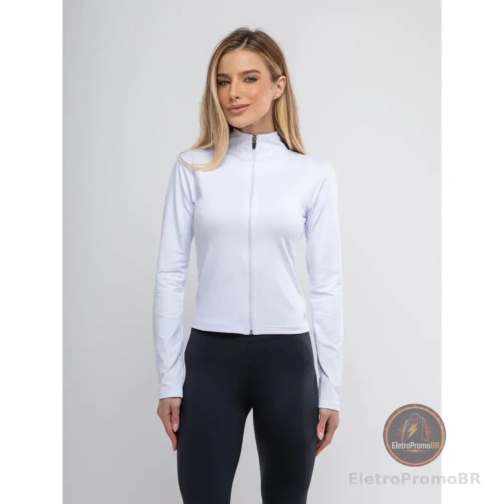 Jaqueta Feminina Blusa Fitness Zíper Malha Poliamida Branco P