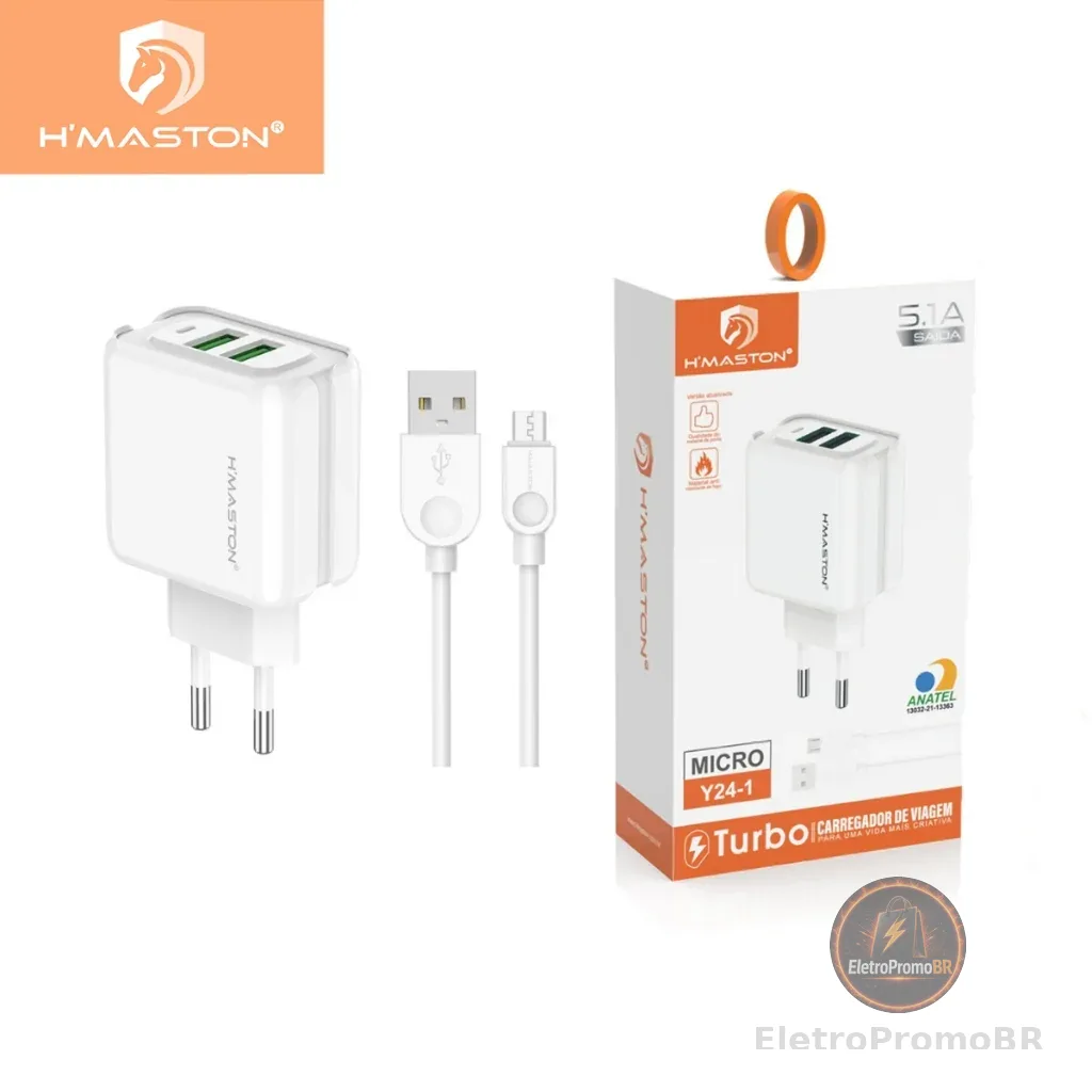 H'maston Y24 Carregador Turbo 25w Fonte Torre Carregar Portátil 2 Usb 5.1A Com Cabo Usb