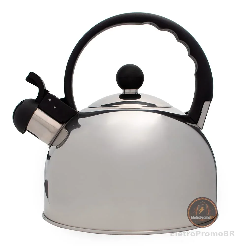 Mimo Style Chaleira Com Assobio de Alerta, Alça e Tampa Flip-up, Capacidade Para 2 Litros e Acabamento Espelhado, Produzida em Aço Inox Resistente e Duradouro