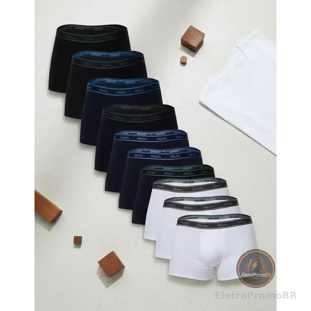 Kit Com 10 Cuecas Boxer Masculino Mash Preto/ Azul Marinho / Branco Liso M