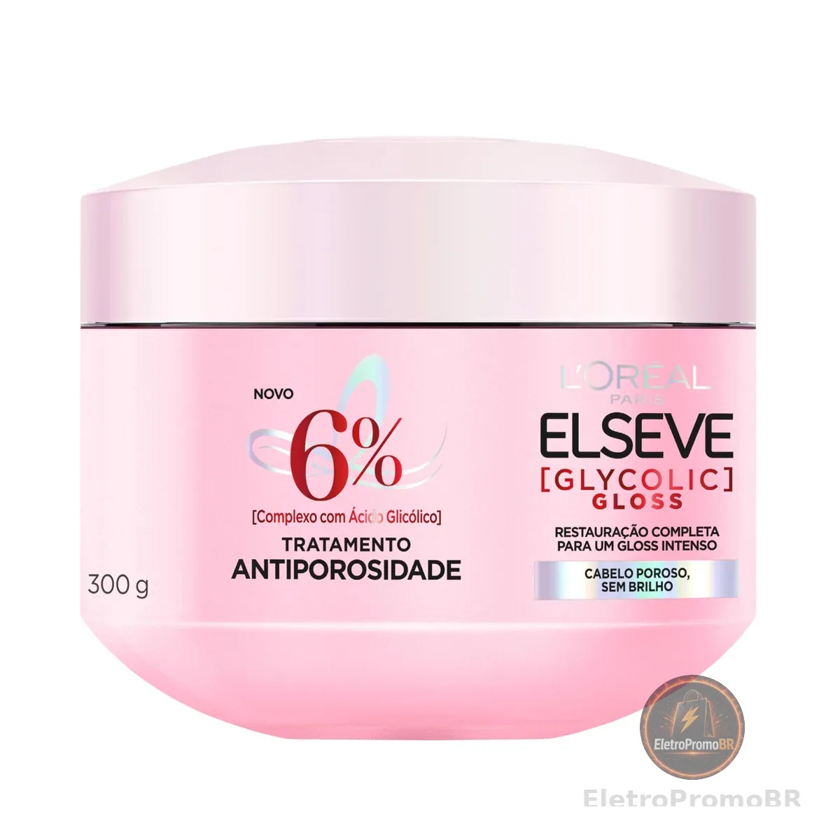 L'Oréal Paris Elseve Glycolic Gloss Máscara Capilar Antiporosidade, com Ácido Glicólico, Sela a Cutícula, Garante 3X Mais Brilho Espelhado e Maciez Intensa, 300g