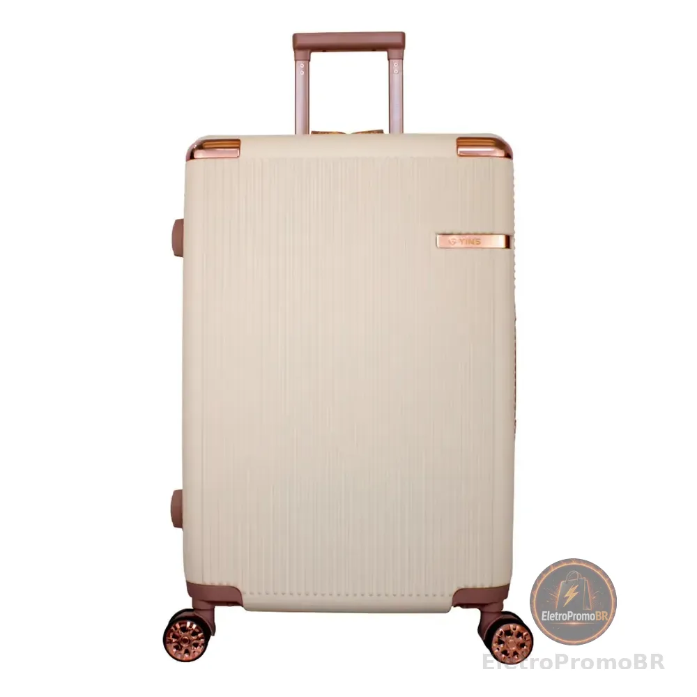 Mala De Viagem Feminina Cosmopolita Média Abs 23 Kg Yins Bege Listras Liso