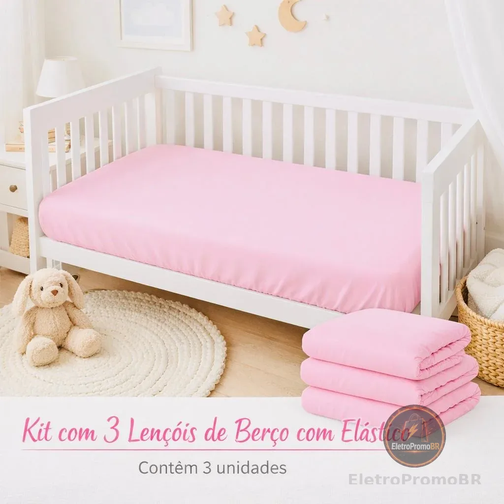 Kit 3 Lençol Berço Americano Percal 400 Fios Macio com Elástico 130x70cm Menina e Menino