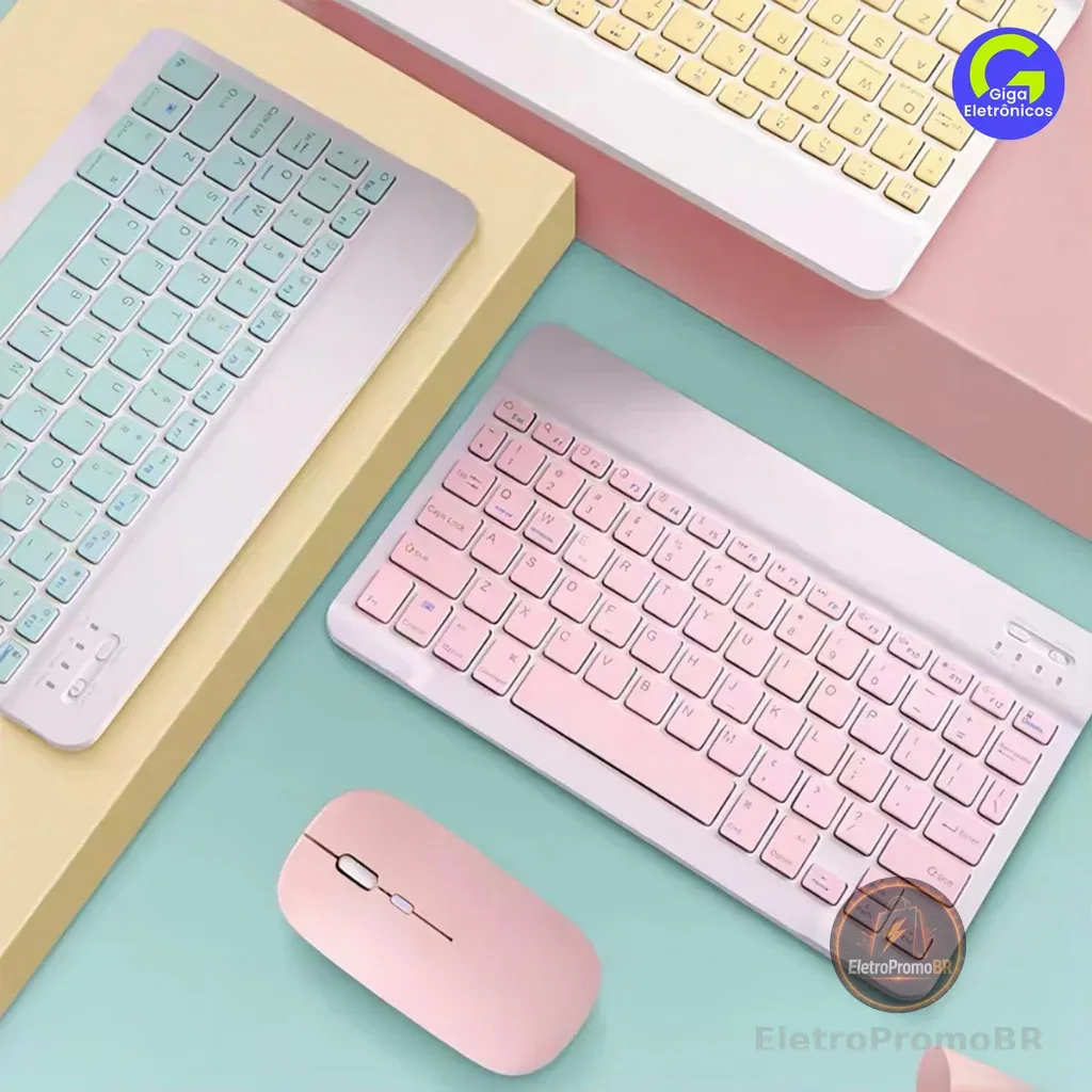 Kit de Teclado e Mouse Sem Fio Bluetooth Macaron com Design Moderno Destinado a PC iPad Tablet e Notebook
