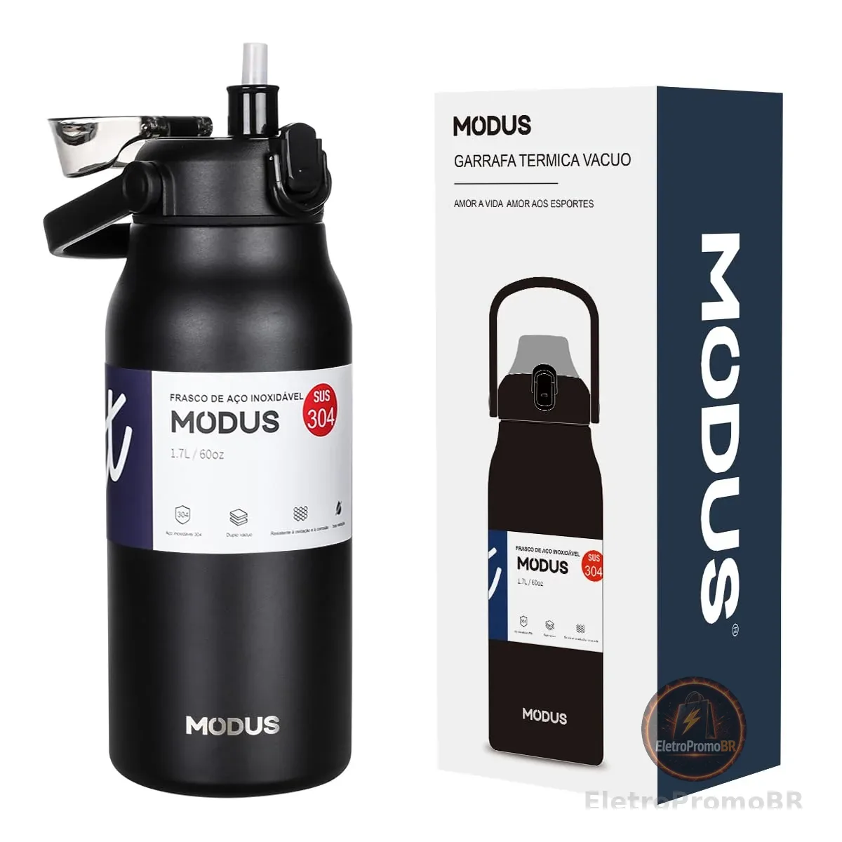 MODUS Garrafa Térmica De Grande Capacidade Fria E Quente Vácuo 1700mL (Preto)