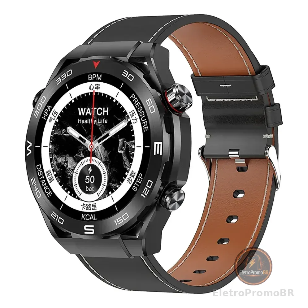 Relógio Smartwatch Bazik Prime Ma11 Ultimate 51mm Tela Super Amoled Nfc Gps Memória 2gb Bluetooth Independente Chatgpt... Preto Pulseira Couro