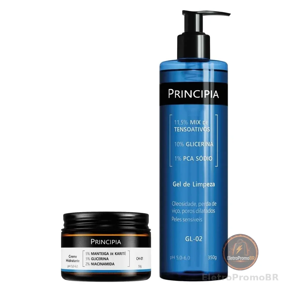 PRINCIPIA, Kit Limpeza e Hidratação, com duas fórmulas: um gel de limpeza com mix de tensoativos + PCA sódio + glicerina e um creme hidratante com glicerina + manteiga de karité + niacinamida