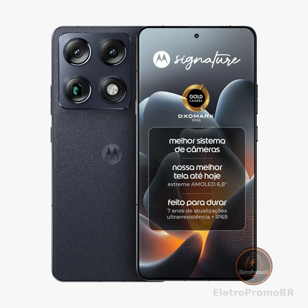 Smartphone Motorola Signature 5G - 512GB 24GB (12GB RAM + 12GB RAM Boost), 3 cameras 50MP Sony Lytia e Zoom 100x, Tela 1.5K extreme Amoled 165hz - Preto
