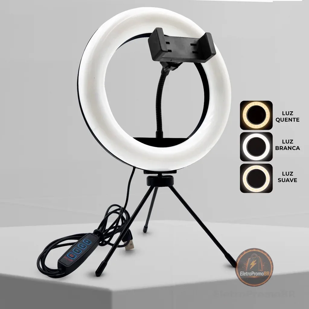 Ring Light LED Iluminador Portatil Com Tripé Suporte Para Celular 8 Polegadas