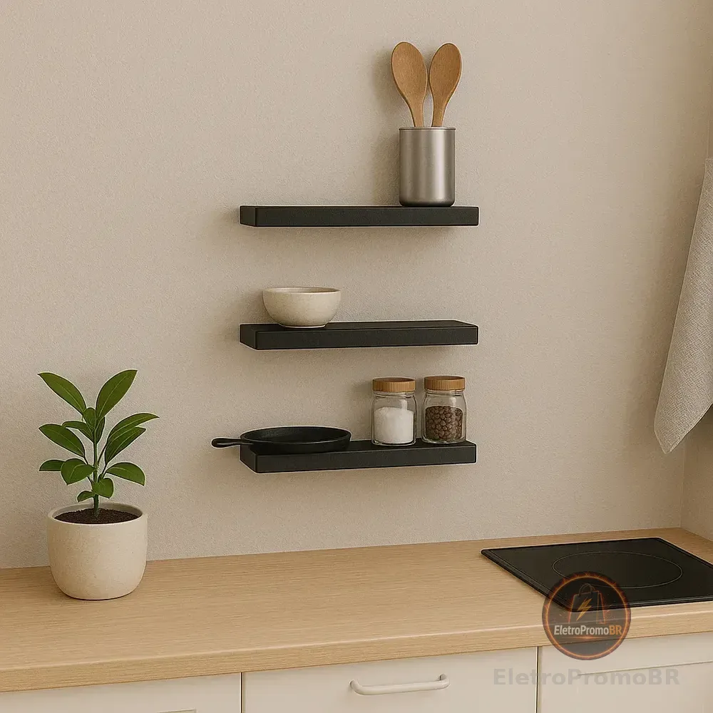 3 Prateleiras De Parede 30x15 Madeira Mdf Preto C/suporte Preto