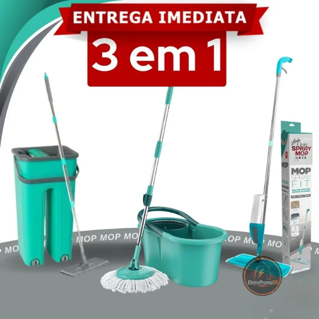 Mop Flat Spray Giratório Spin Inox Pro limp Magico Fit Refil