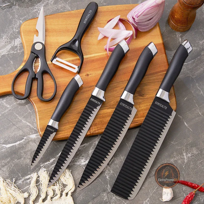 Kit de Conjunto Facas Coloridas/Pretos Tesoura Descascador Cozinha Gourmet 6 Peças