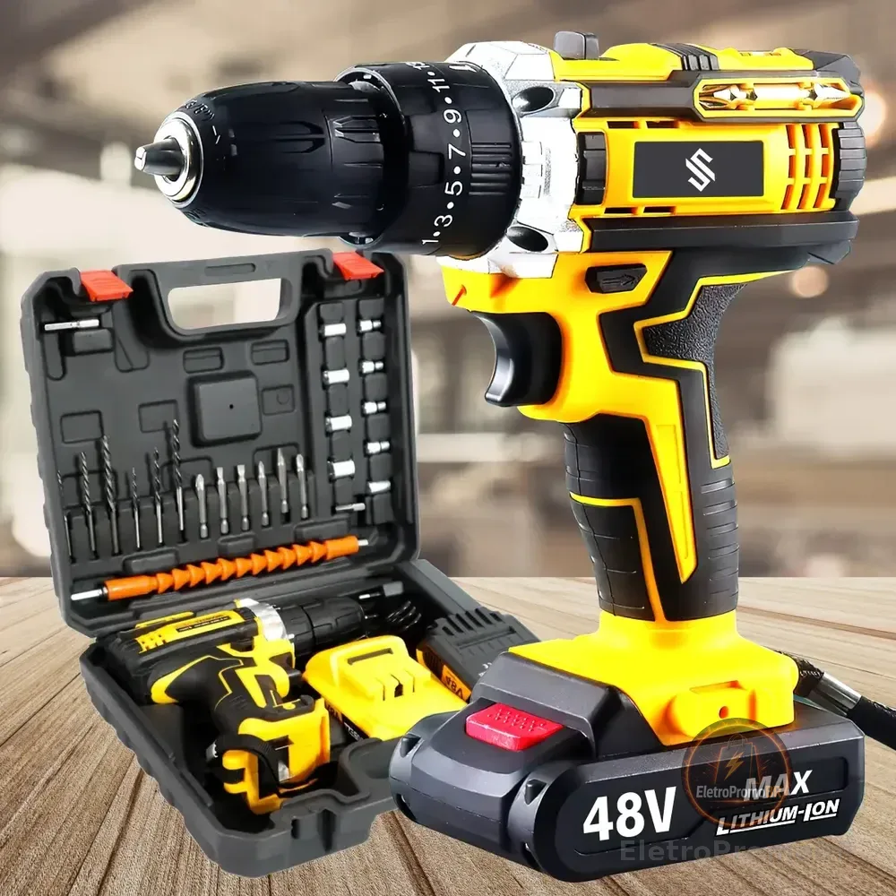 Parafusadeira Furadeira C/ 2 Baterias Maleta Kit Completo Led Eixo Flexível Vários Níveis Torque Amarelo 127/220v 60 Hz