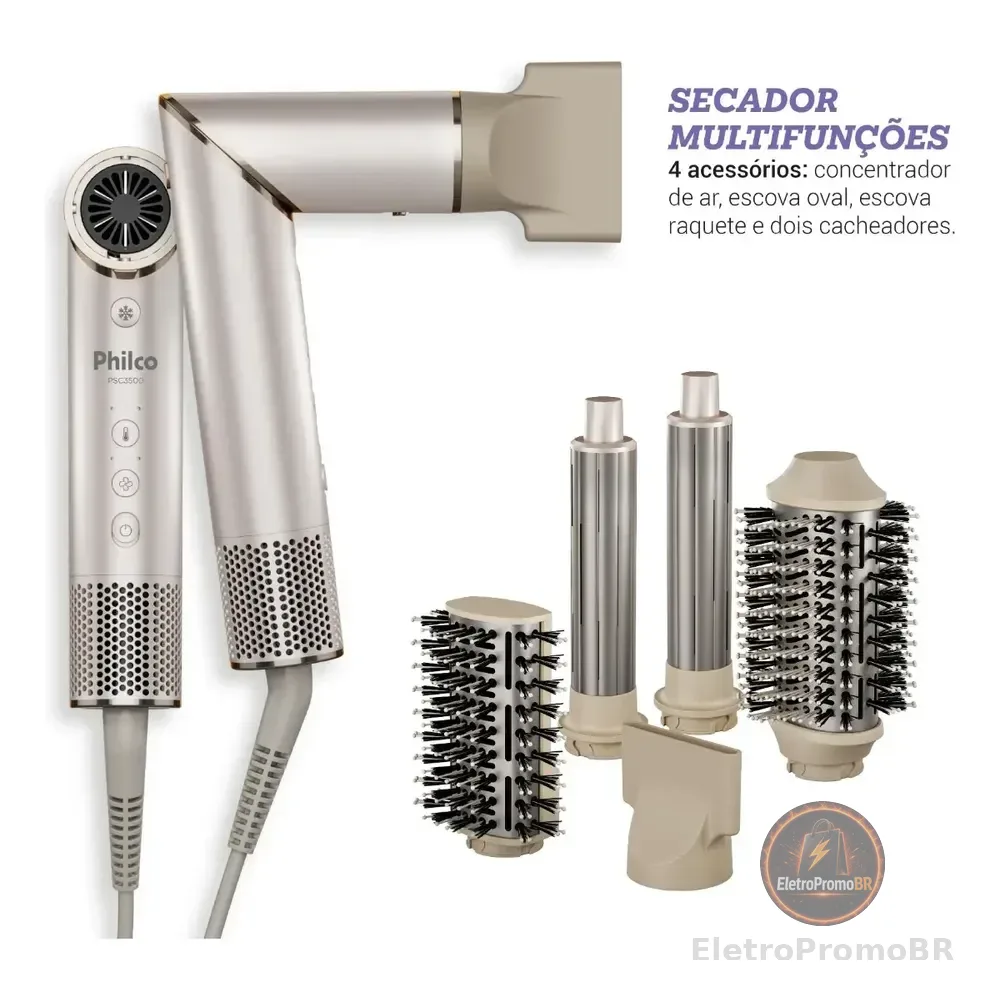 Secador De Cabelos Philco psc3500 4 Em 1 dobrável motor bldc Prateado Bege 127v