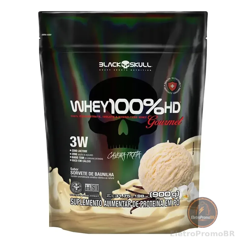 Whey 100% Hd 900g Refil Gourmet - Black Skull Sabor Baunilha