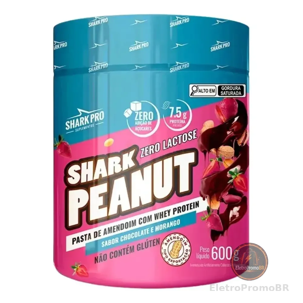 Pasta De Amendoim Sharj Peanut Shark Pro Pote 600g Sabor Chocolate Com Morango