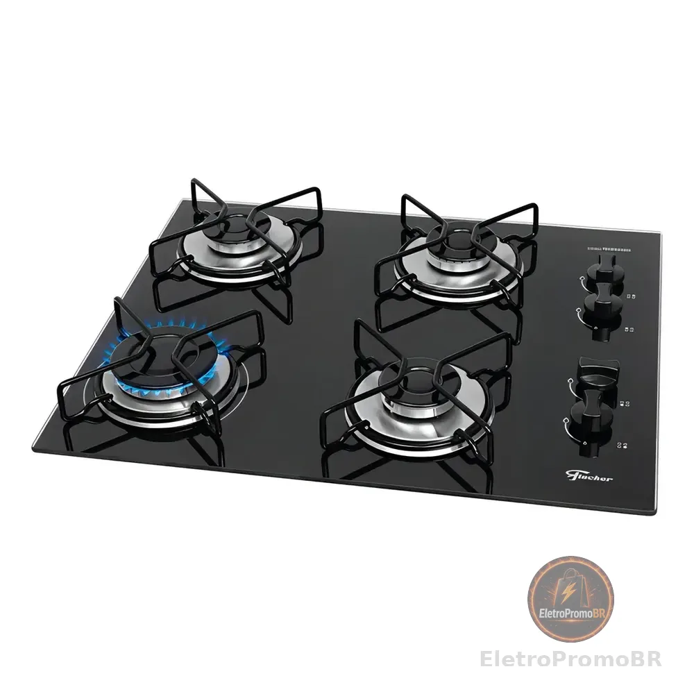Cooktop A Gás Fischer 4 Bocas Fit Line Trempe Esmaltada Aramado Preto 127/220v