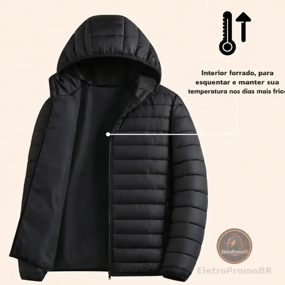 Jaqueta Puffer Impermeável Forrada Bolso Interno Frio Casaco Preto G