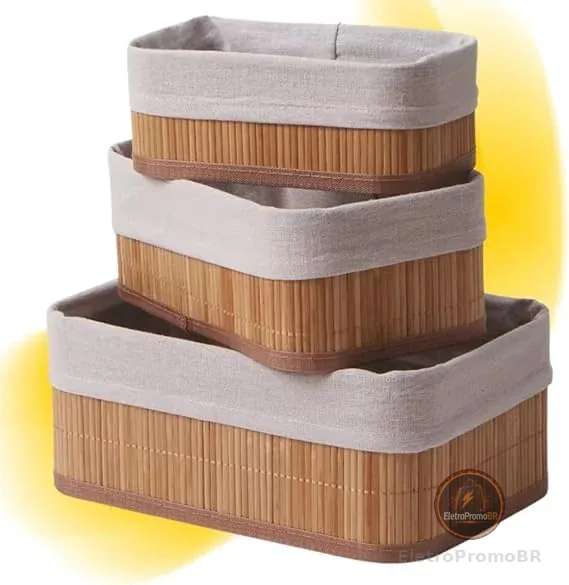 Conjunto de 3 Cestos Organizadores em Bambu com Forro, 33x23x12cm, 29x19x10cm, 25x15x8cm, Bege