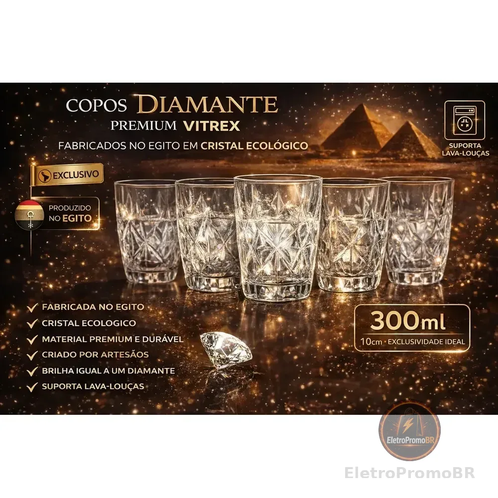 Jogo 6 Copos Diamond Egipcio 300ml Vidro Grosso Diamante Luxo Transparente Vitrex
