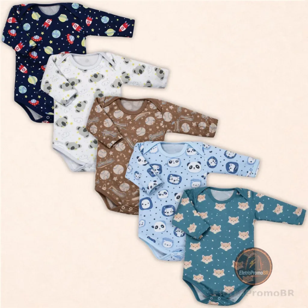 Kit 5 Peças Body Bebe M/Longa Estampado 100% Algodão Menino