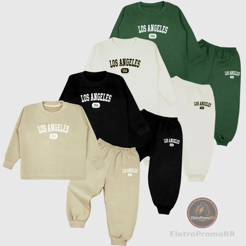 Kit 4 Peças Conjunto Infantil Estampa Los Angeles Moletom Flanelado 1/8 Menino e Menina Casaco/Calça