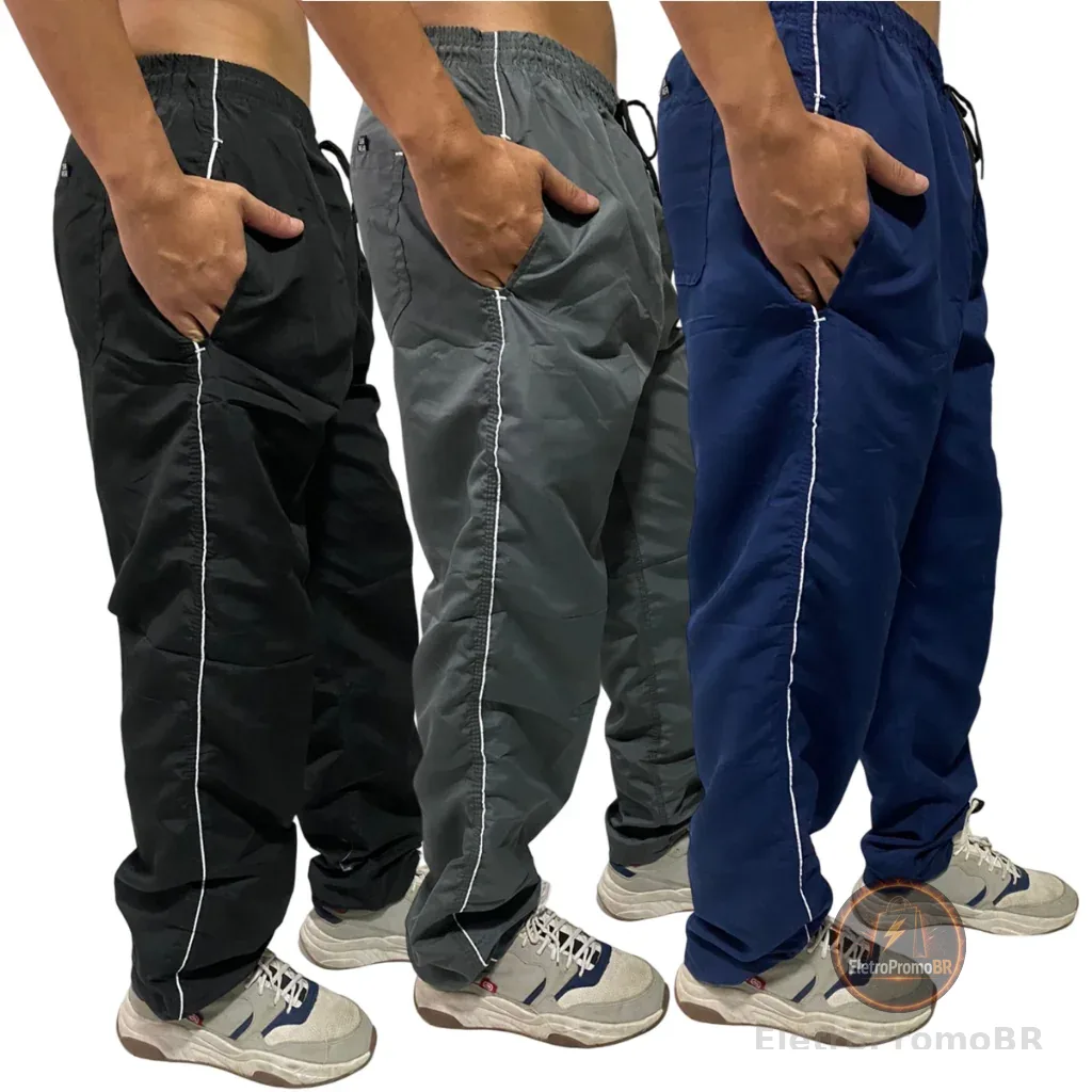 Kit 3 Calças Masculina Tactel Lisa Com Bolsos Esporte Caminhada Academia Frio