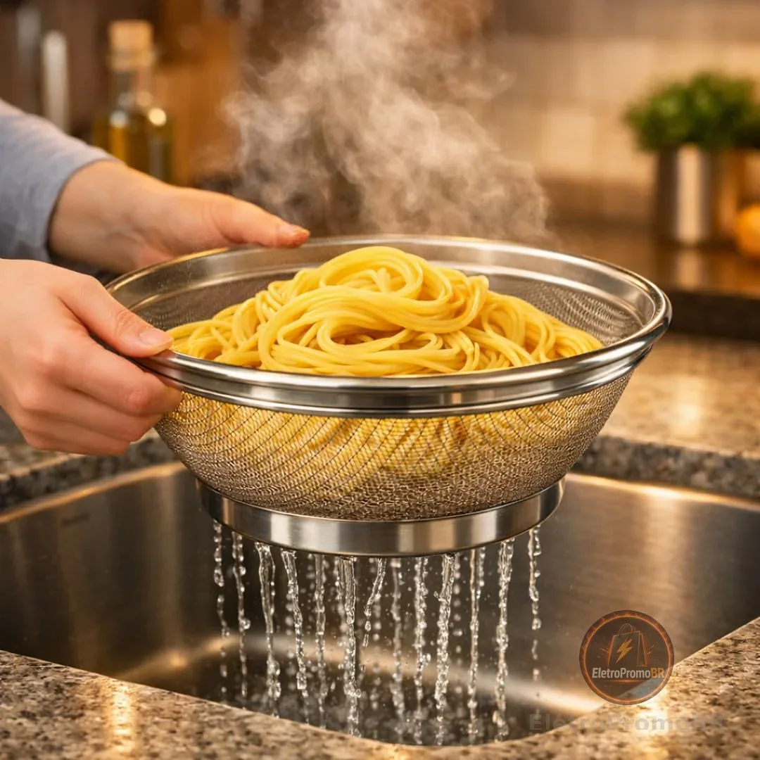 Escorredor de Alimentos/Macarrão Multiuso em Aço Inox, 28cm, Malha Fina, para Frutas, Massas e Grãos